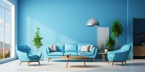 The interior accent color is celeste. furnishings and walls in shades of sky blue. House's contemporary lobby or lounge. Interior design mockup of a living room.