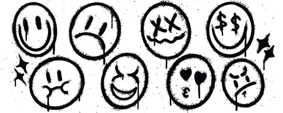 Set spray paint. Collection of smile, sad, unlucky, face money, unaware, kiss, angry Isolated Vector