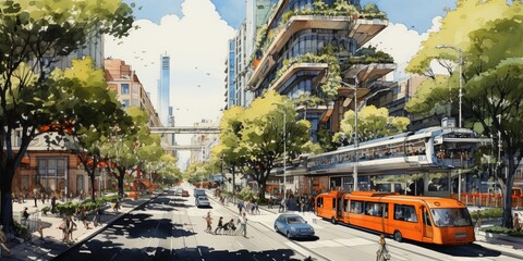 Urban planning sketch highlighting sustainable elements like green spaces, public transportation, and pedestrian zones.