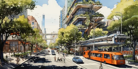Photo sur Plexiglas Milan Urban planning sketch highlighting sustainable elements like green spaces, public transportation, and pedestrian zones.