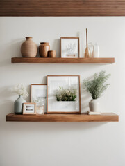 Wood floating shelf with frames and vases on white wall. Storage organization for home. Interior design of modern living room.