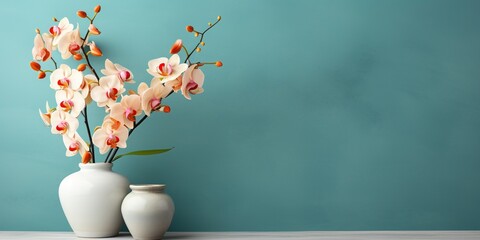 Vase with orchids on the wall, copy space, mockup
