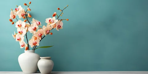 Abwaschbare Fototapete Vase with orchids on the wall, copy space, mockup © Coosh448