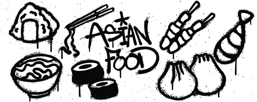 Set asian food spray paint. Collection of onigiri, noodle, satay, chicken, meat bun, sushi Isolated Vector