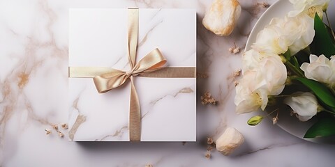 Wedding invitation mockup with paper and envelope, gifts, eucalyptus, ribbon on marble background, top.