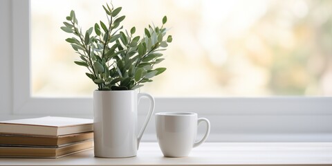 White ceramic mug, stack of books and eucalyptus branch on white wooden table, space for text