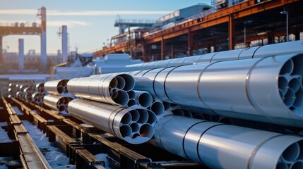 Naklejka premium New manufactured steel pipes at manufacturer factory.