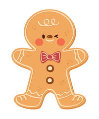 Gingerbread character, playful boy with green bow tie. Christmas cookies. Xmas biscuits with sweet sugar glaze. Flat cartoon style vector illustration isolated on white background.