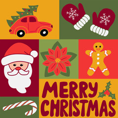 Christmas bold graphic minimalistic composition. Winter holiday hand drawn elements for celebration in flat minimalistic style. Good for social media, graphic poster, card, background, print, pattern