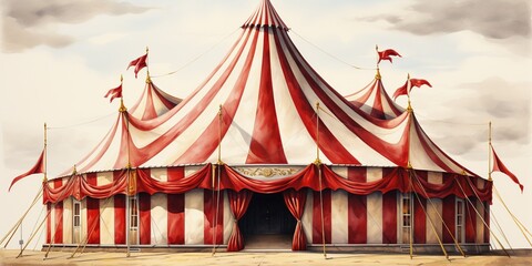 A circus tent with red and white stripes. - obrazy, fototapety, plakaty