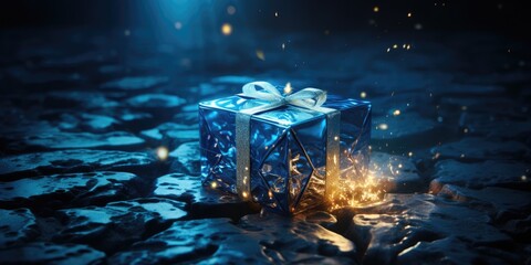 Magic light shines from open blue gift box, AI Generative