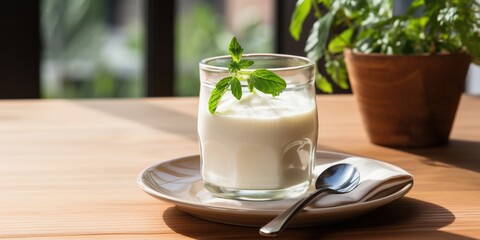 A close up of a glass of yogurt on a table.