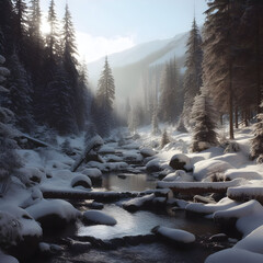 An enchanting winter scene featuring a flowing river, a blanket of snow, and distant snow-capped mountains