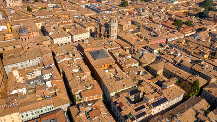 Aerial view of the historic center of Reggio Emilia, Italy. You can see the churches of the city...