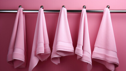 Pink Towel on hanger on pink background.