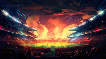 A large crowd of fans at a soccer stadium. 3D rendering
