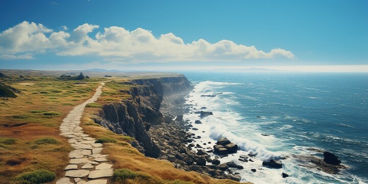 A long road going down the side of a cliff next to the ocean on a sunny day with blue sky and clouds above the ocean.