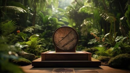 Product presentation with a wooden podium set amidst a lush tropical forest.