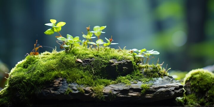 A moss covered rock with small plants growing out of it.