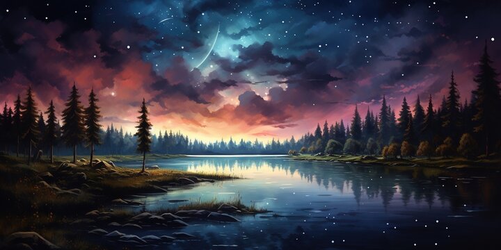A painting of a night sky with stars above a lake.