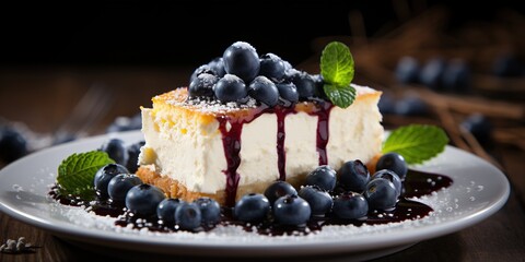 A piece of cheesecake on a plate with blueberries.