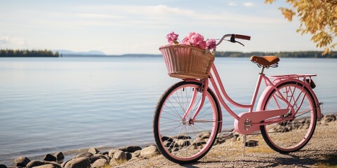 Fototapeta premium A pink bike parked on the shore of a lake with a basket on the front.