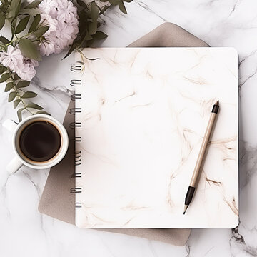 still life with empty white note book mockup and coffee on marble table