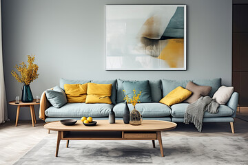 Scandinavian home interior design of modern living room. Ellipse coffee table near blue sofa with yellow pillows against wall with abstract poster frame. - obrazy, fototapety, plakaty