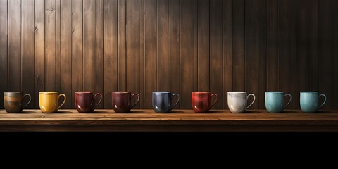 A row of coffee mugs sitting on top of a wooden table next to a black wall and a window in the back of the room.