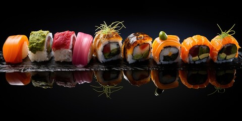 A row of sushi on a black surface with a reflection on the surface of the plate and the rest of the sushi on the plate.