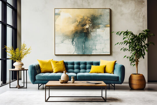 Loft home interior design of modern living room. Dark turquoise tufted sofa with virant yellow pillows against beige stucco wall with abstract art poster frame.