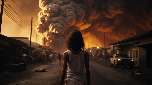 The aftermath of a volcanic eruption, Residents flee as ash rains down.