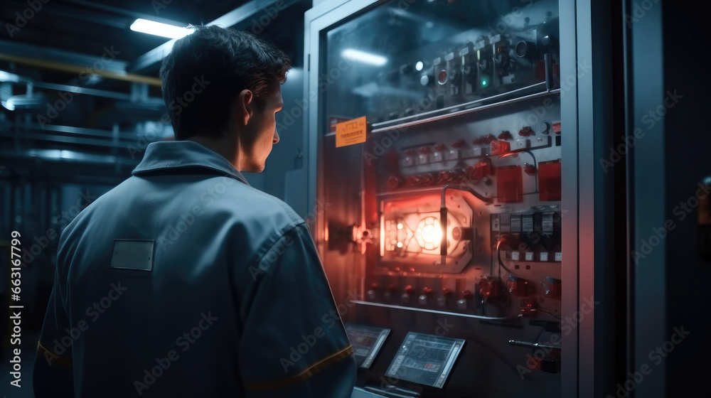 Poster energy station electrician engineer, engineer working and inspects the equipment inside the building