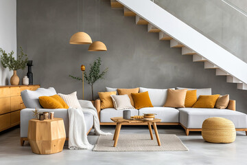 Loft home interior design of modern living room. White sofa with vibrant yellow ad mustard pillows under minimalist staircase against concrete wall. - obrazy, fototapety, plakaty