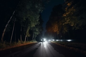 Night road drive with road lights, trees, and car lights. Generative AI