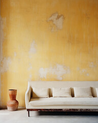 Old beige sofa against aged grunge ancient weathered yellow stucco wall with copy space. Vintage, retro home interior design of living room. - obrazy, fototapety, plakaty