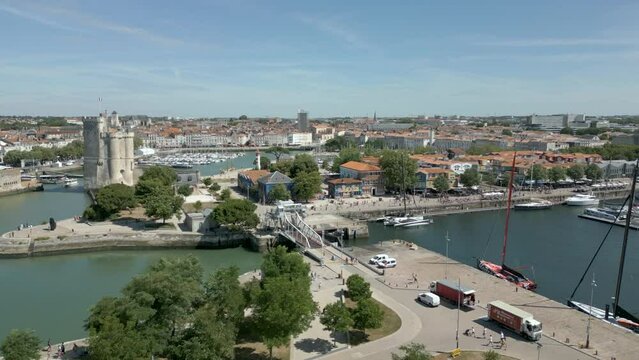 Saint Nicolas tower, La Rochelle port, Charente Maritime in France. Aerial forward