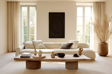 Japandi home interior design of modern living room. Live edge coffee table and white sofa against grid french windows.