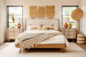 Boho, french country style interior design of modern bedroom.