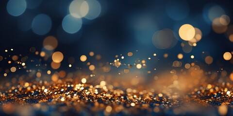 Abstract background with Dark blue and gold particle. Christmas Golden light shine particles bokeh...