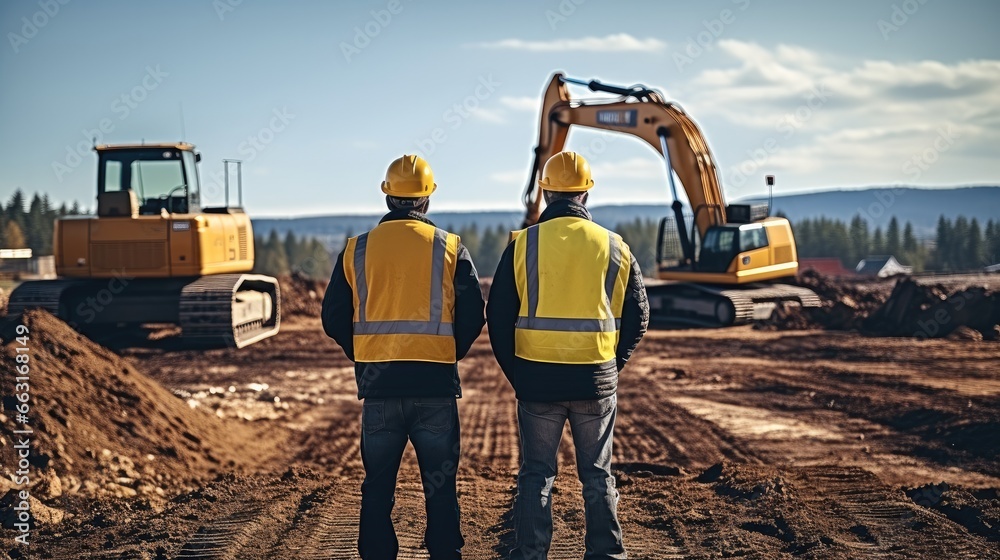Aufkleber two engineer wearing helmets conversing by the bulldozer and excavator background at construction si