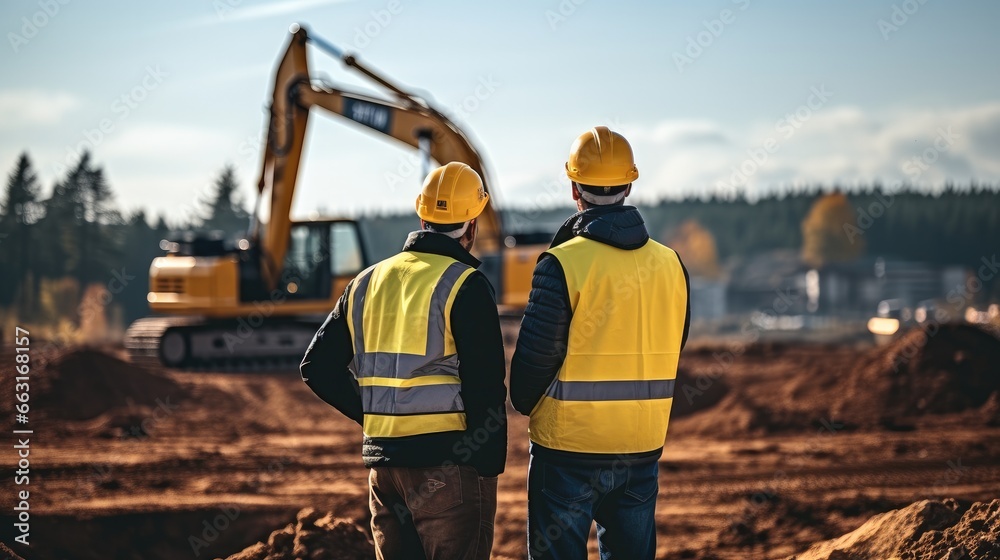 Poster two engineer wearing helmets conversing by the bulldozer and excavator background at construction si