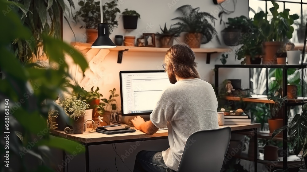 Aufkleber young man using laptop while sitting at table in home.