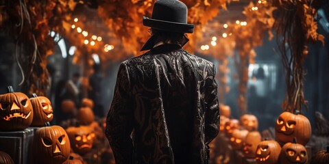 Fototapeta premium Back view of man in outfit during Halloween party