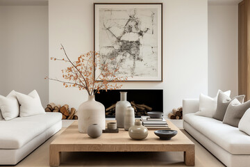 Naklejka premium Japanese, minimalist style home interior design of modern living room. Rustic coffee table between two white sofas against wall with poster and fireplace.
