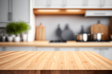 Fototapeta na wymiar Wooden table on blurred kitchen bench background. Empty wooden table and blurred kitchen background