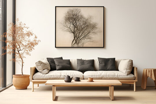 Japanese style home interior design of modern living room. Grey sofa with black cushions against wall with poster frame.