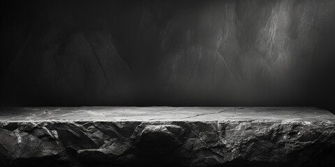 Black white rock stone mountain grunge background. Design. Wall table shelf floor. Product. Stage...