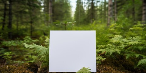 Blank sheet mockup held by a hand with natural background of a path in the forest. Environmental protection concept. Environmental problem. Copy space for text.