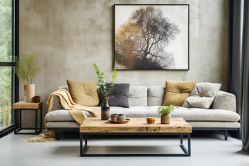 Loft home interior design of modern living room. Grey fabric sofa against grunge stucco wall with poster frame.